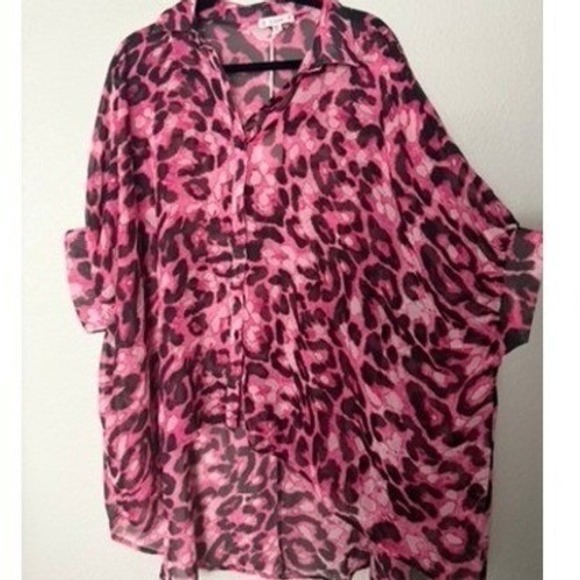 L Love Tops - L Love Women's M/L Pink Leopard Print Sheer Button Up Blouse Tunic Top